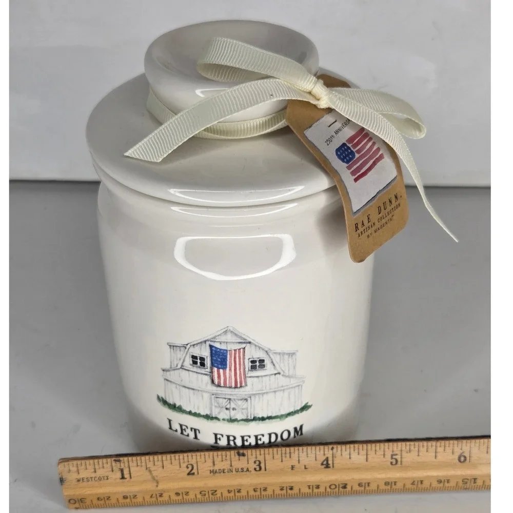 Rae Dunn Let Freedom Ring Barn American Flag Ceramic Canister Jar 250th Anniv